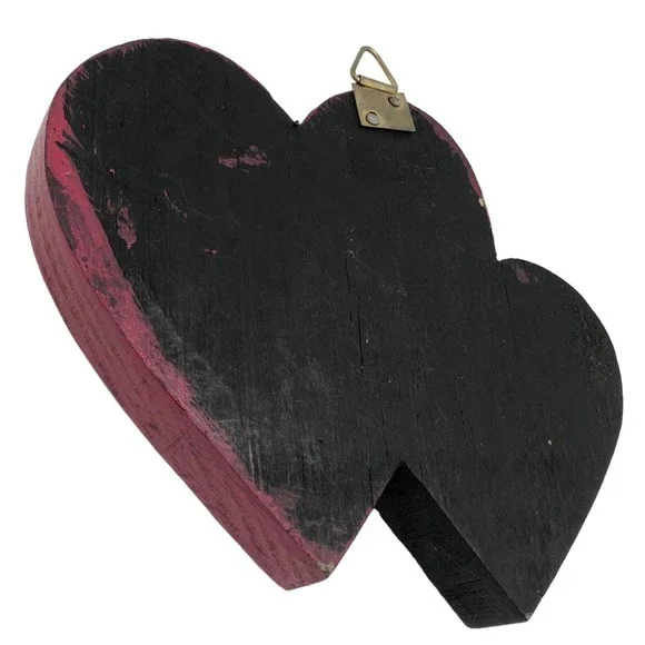Red & Black Mexican Milagro Wooden Double Heart with Silver Pins Folk Art